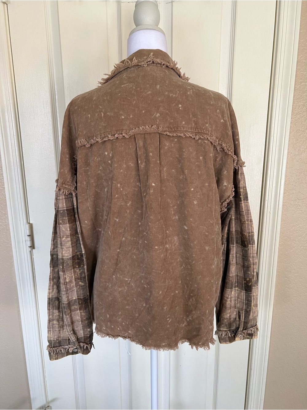 BiBi Brown Corduroy Plaid Patchwork Shacket Bleached Frayed Overshirt L - Picture 7 of 8